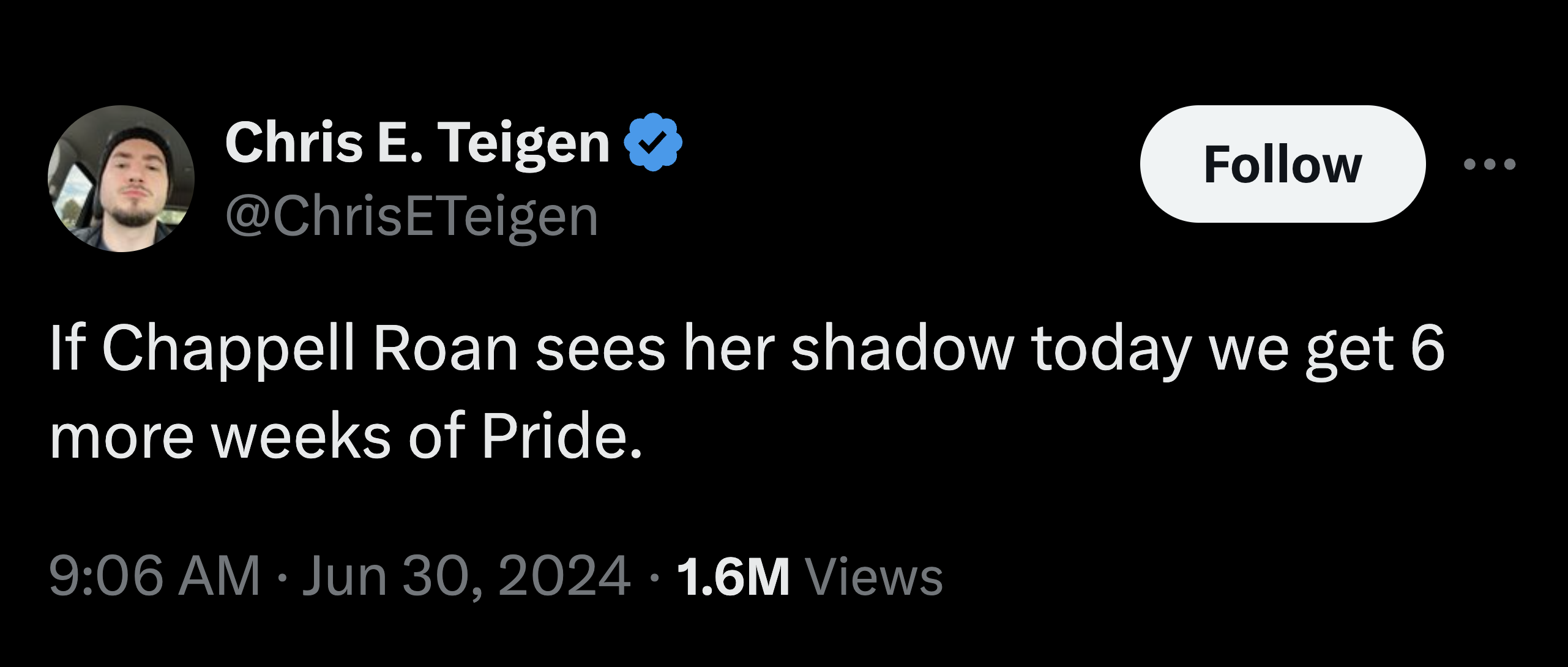 screenshot - Chris E. Teigen If Chappell Roan sees her shadow today we get 6 more weeks of Pride. 1.6M Views